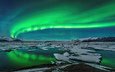 озеро, горы, лёд, северное сияние, исландия, aurora borealis