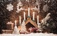 свечи, снежинки, игрушки, олени, счастливого рождества