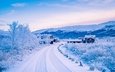 дорога, горы, снег, зима, домики, деревня, норвегия, норвегии, dovre, scandinavian mountains, довре, скандинавские горы
