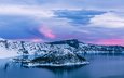 озеро, восход, природа, зима, рассвет, остров, орегон, crater lake national park, озеро крейтер, кратерное озеро
