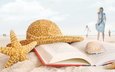 берег, стиль, море, пляж, девушки, ракушки, отдых, книга, шляпа, морская звезда, пляжный натюрморт