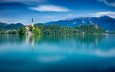 озеро, горы, остров, водная гладь, словения, бледское озеро, блед, julian alps, юлийские альпы