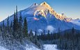 небо, дорога, деревья, горы, снег, закат, склон, ель, канада, провинция альберта, национальный парк банф