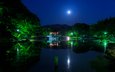 ночь, деревья, фонари, огни, парк, мост, пагода, япония, пруд, ukimido