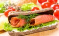 зелень, бутерброд, булки, хлеб, рыба, помидоры, сэндвич, помидорами, быстрое питание, красная рыба