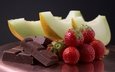 фрукты, клубника, ягоды, шоколад, дыня
