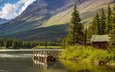 небо, деревья, озеро, горы, мостик, сша, домик, монтана, национальный парк глейшер, hike lake