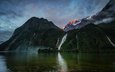 небо, озеро, горы, водопад, новая зеландия, боуэн, bowen falls