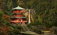 горы, парк, водопад, осень, пагода, япония, здание, ступени