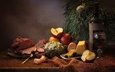бокал, сыр, яблоко, вино, мясо, колбаса, мандарин, натюрморт, сосна, салат, маслины, угощение, оливье