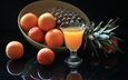 фрукты, бокал, апельсин, натюрморт, ананас, сок