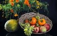 цветы, виноград, фрукты, яблоко, груша, бархатцы, дыня, хурма