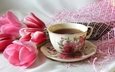 розовый, тюльпаны, чашка, чай