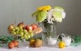 цветы, виноград, фрукты, лимон, букет, яблоко, хризантемы, печенье, натюрморт, груши