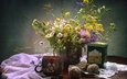 букет, чашка, чай, полевые цветы, пирожные, натюрморт