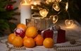 подарки, ель, игрушки, свеча, праздник, мандарины, коробки