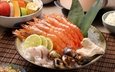 лимон, овощи, морепродукты, креветки, кальмары, моллюски