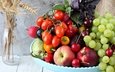 виноград, фрукты, черешня, овощи, баклажан, помидоры, перец, нектарин, редис, кабачок, базилик