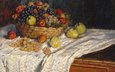 картина, натюрморт, корзинка с едой, клод моне, корзина для фруктов с яблоками и виноградом