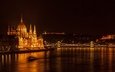 ночь, огни, река, мост, город, дома, архитектура, венгрия, будапешт, парламент