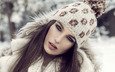 зима, девушка, портрет, взгляд, модель, лицо, шапка, длинные волосы