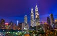 ночь, небоскребы, мегаполис, малайзия, куала-лумпур, башни петронас