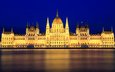 небо, ночь, огни, река, подсветка, архитектура, здание, синее, освещение, столица, венгрия, будапешт, парламент, дунай