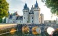 река, мост, замок, франция, старинный, шато де сюлли-сюр-луар