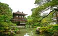 вода, зелень, парк, пагода, япония, сосны, пруд, серебряный павильон, гинкаку-дзи