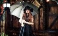 девушка, зонт, шляпа, азиатка