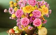 розы, яблоки, букет, яблок, хризантемы, натюрморт, роз