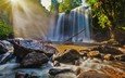 река, солнце, природа, камни, лес, водопад, bing, phnom kulen national park