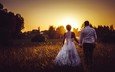 закат, поле, жених, свадьба, невеста