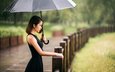 девушка, поза, взгляд, модель, профиль, дождь, зонт, лицо, черное платье, rain-color