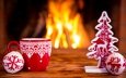 новый год, елка, огонь, игрушки, камин, чашка, праздник, 2016