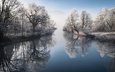 деревья, река, природа, зима, отражение