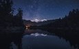 небо, ночь, озеро, горы, лес, отражение, звезды, новая зеландия