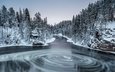 река, природа, лес, зима, финляндия, myllykoski, kuusamo