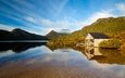 озеро, горы, отражение, спокойствие, австралия, тасмания, cradle mountain, dove lake, boatshed, эллинг