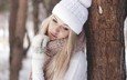 зима, блондинка, шапка, шарф