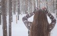 снег, природа, девушка, свитер, длинные волосы