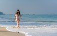 девушка, море, песок, пляж, модель, азиатка