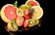 ягода, фрукты, апельсины, клубника, черный фон, киви, грейпфруты