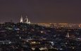 ночь, огни, панорама, париж, франция, монмартр, базилика, сакре-кёр