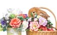 цветы, корзина, кролик, пасха,  цветы, глазунья, декорация, весенние, зеленые пасхальные, довольная, зайка