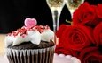 розы, сердце, любовь, романтик, шампанское, день святого валентина, кекс, роз, влюбленная, капкейк, сердечка, valentine`s day, романтичный