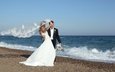 волны, море, платье, лето, радость, букет, жених, невесты, свадьба, невеста, фата, венчание, в платье, groom