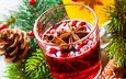 новый год, напиток, корица, ягоды, стакан, праздник, рождество, шишки, пряности, бадьян, глинтвейн, ветки ели