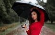 девушка, брюнетка, модель, грудь, зонт, макияж, красное платье, nastya_gepp, девушка с зонтом