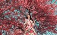 дерево, цветение, девушка, платье, модель, весна, лицо